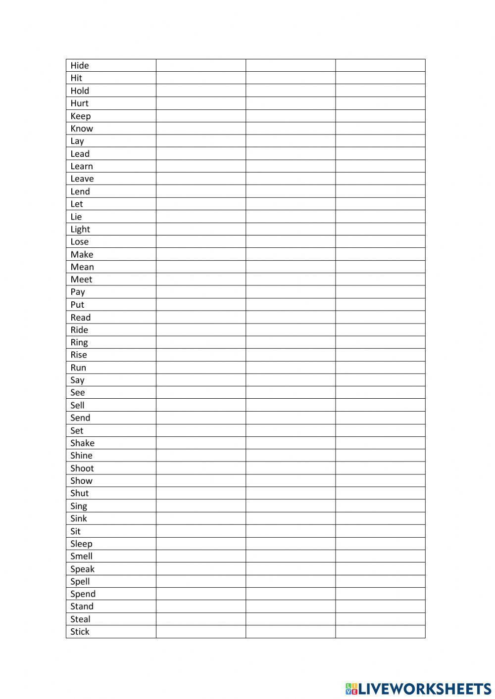 Lista de verbos irregulares