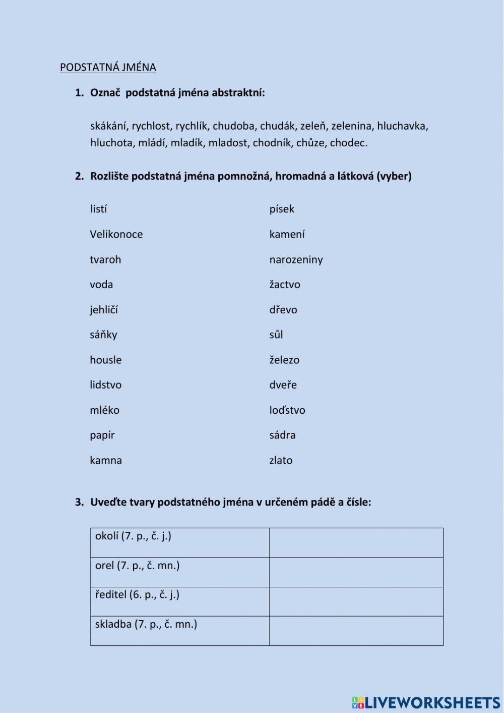 ČJ - Podstatná jména 1 - druhy