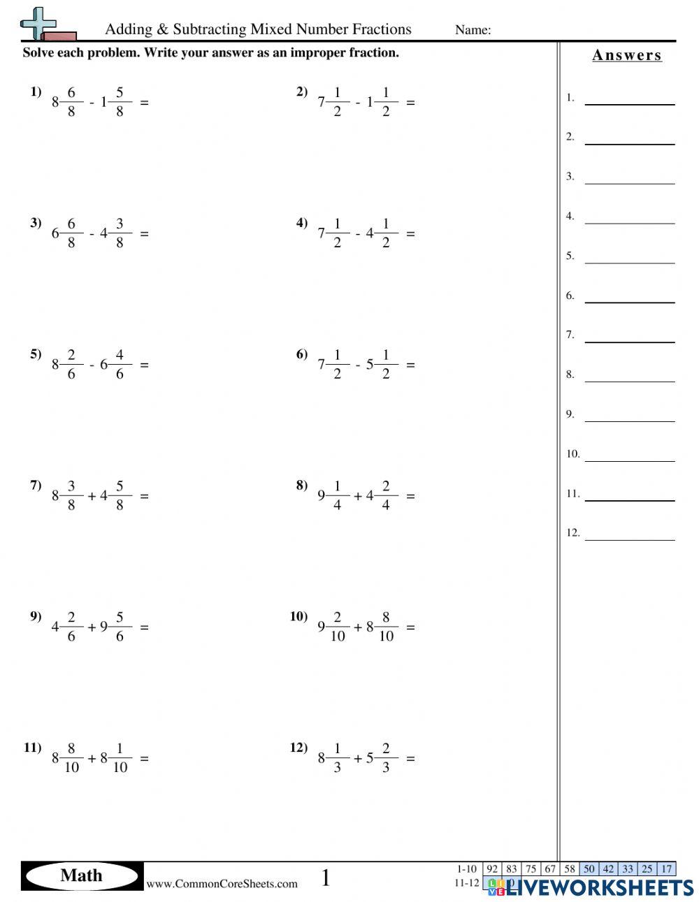 Adding Subtracting Mixed Numbers with Like Denominators