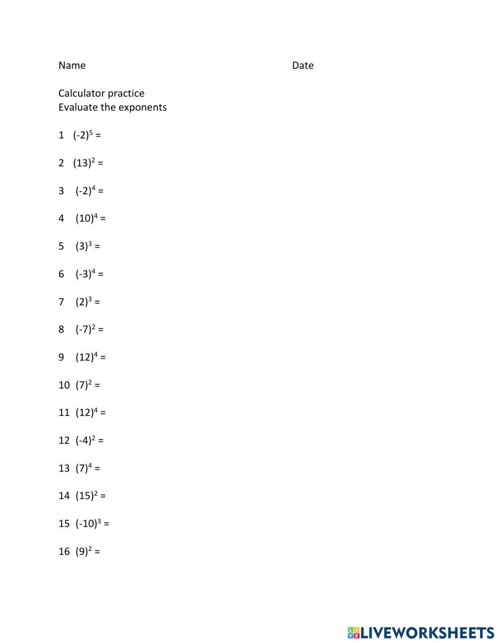 Evaluate Exponents 4839654 Msala Live Worksheets