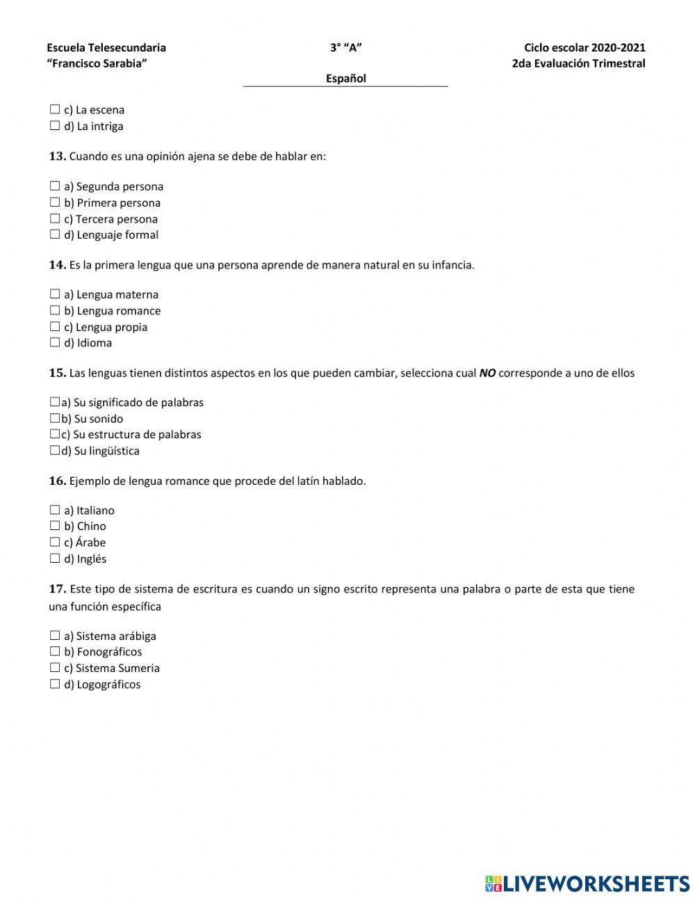 Evaluación segundo trimestre Español