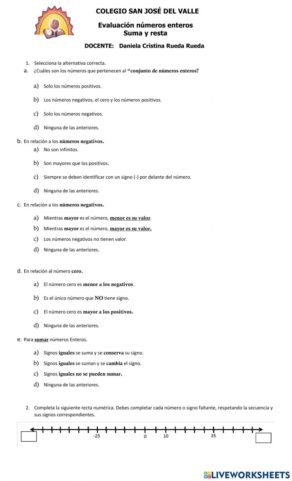 Números enteros sumas y resta