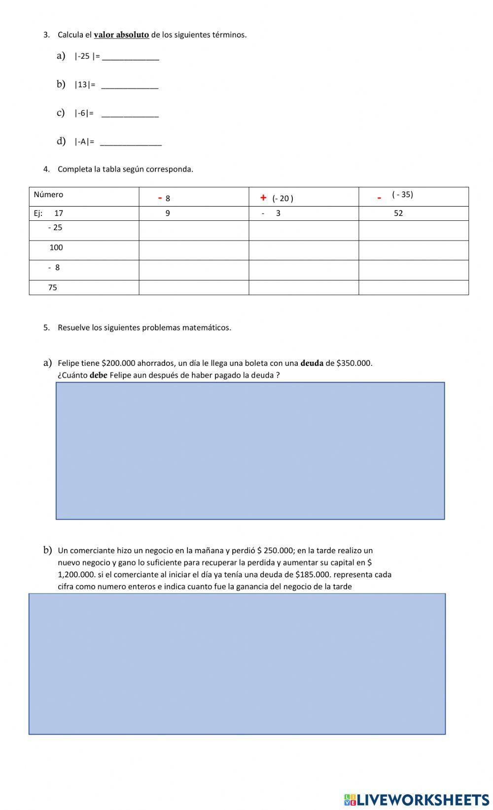 Números enteros sumas y resta