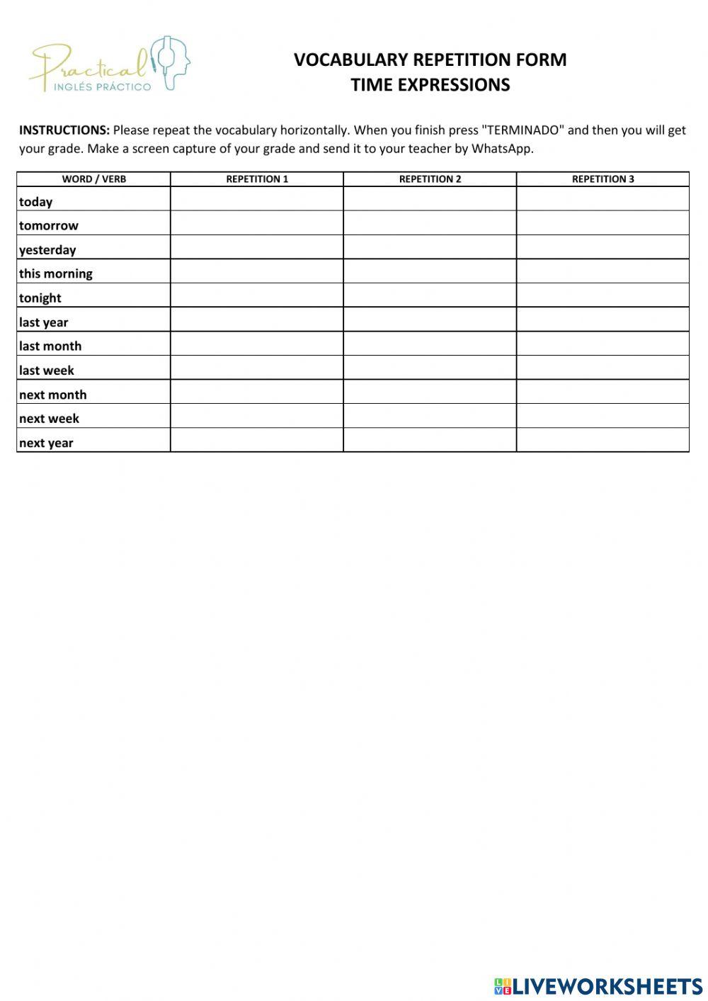 Vocabulary repetition form - other time expressions