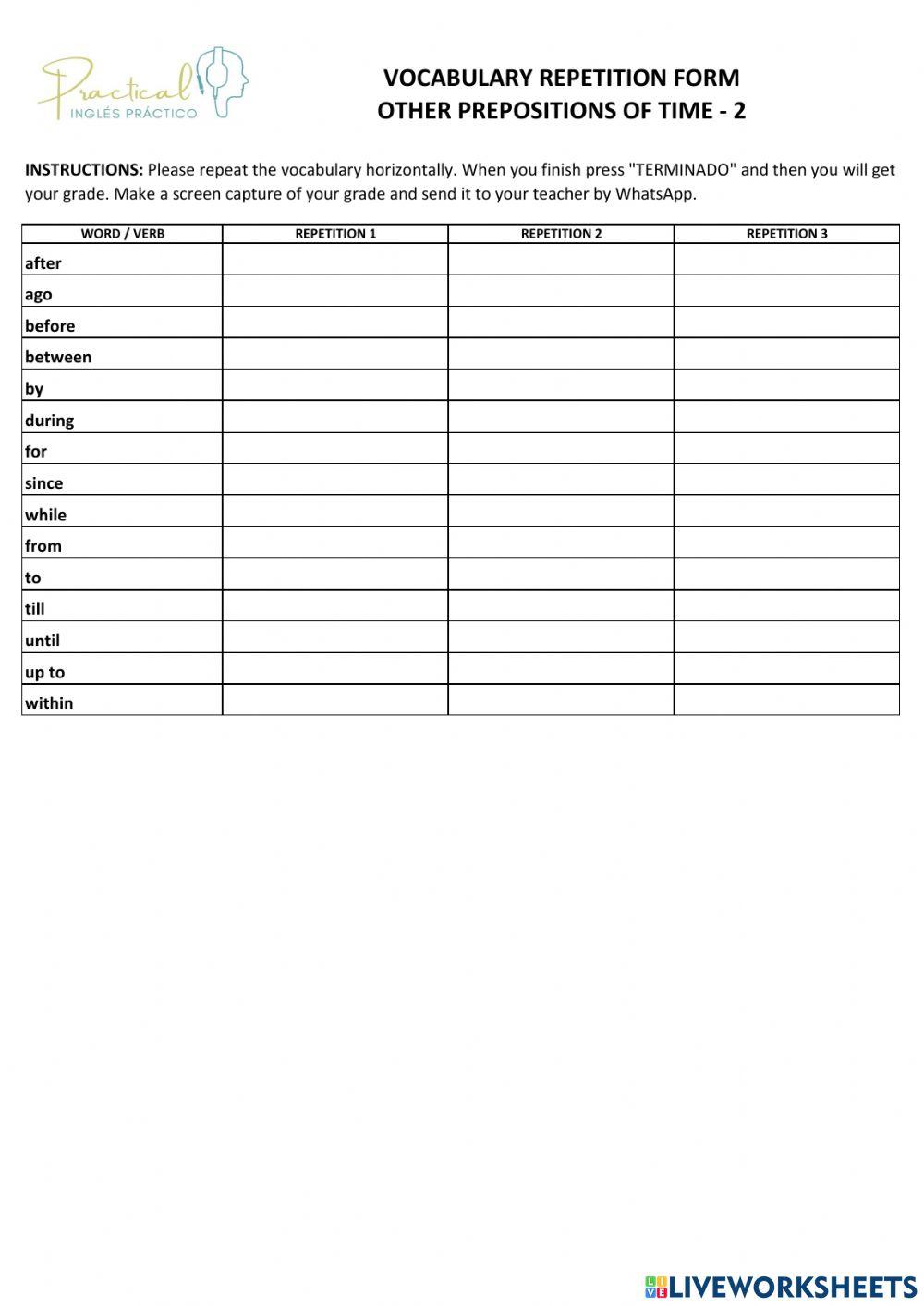 Vocabulary repetition form - other prepositions of time