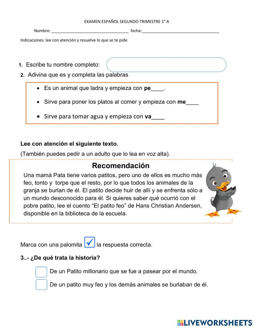 Evaluación segundo trimestre 1° grado grupo A