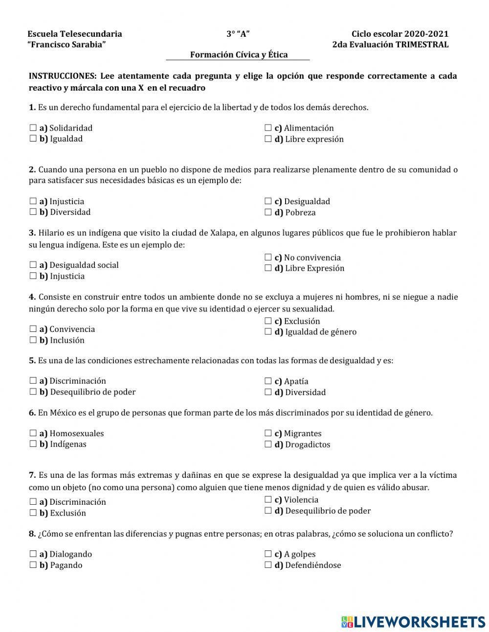 Examen  Formación Cívica y Ética 2do trimestre