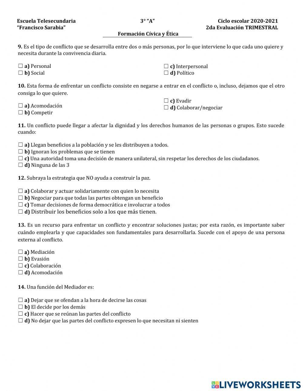 Examen  Formación Cívica y Ética 2do trimestre