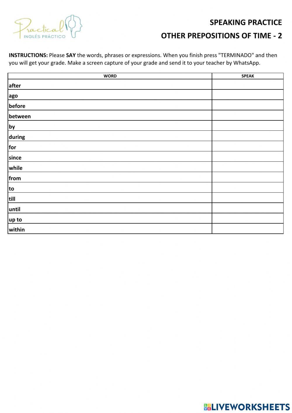 Speaking practice - other prepositions of time