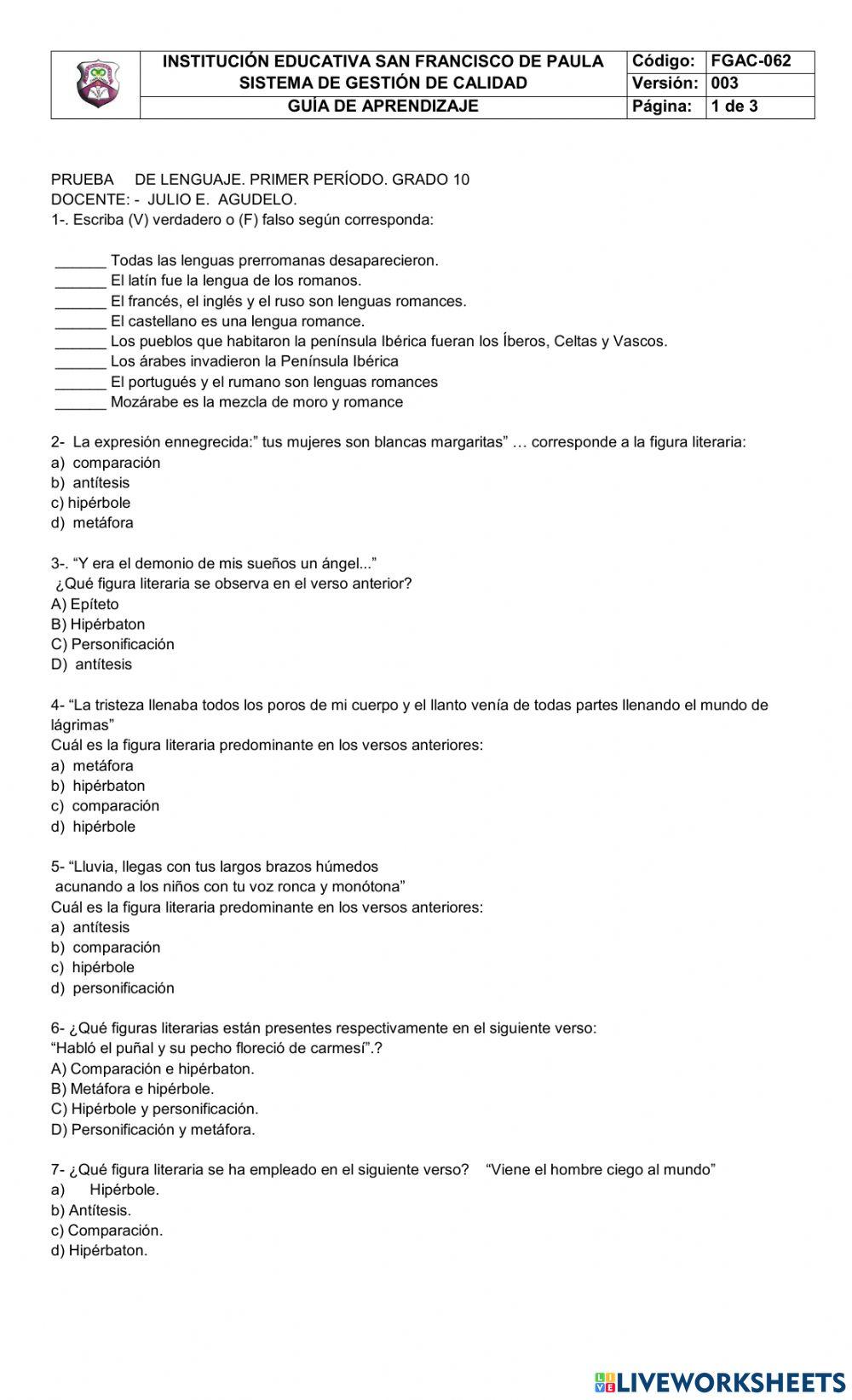 Formació de la lengua Española-Lenguaje verbal y no verbal-Figuras literarias.