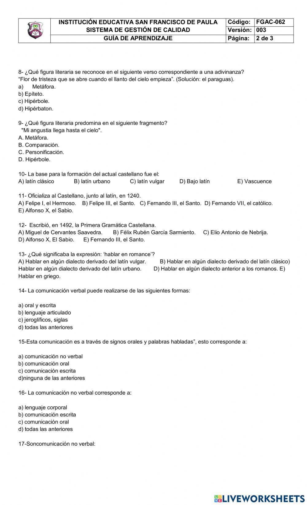 Formació de la lengua Española-Lenguaje verbal y no verbal-Figuras literarias.