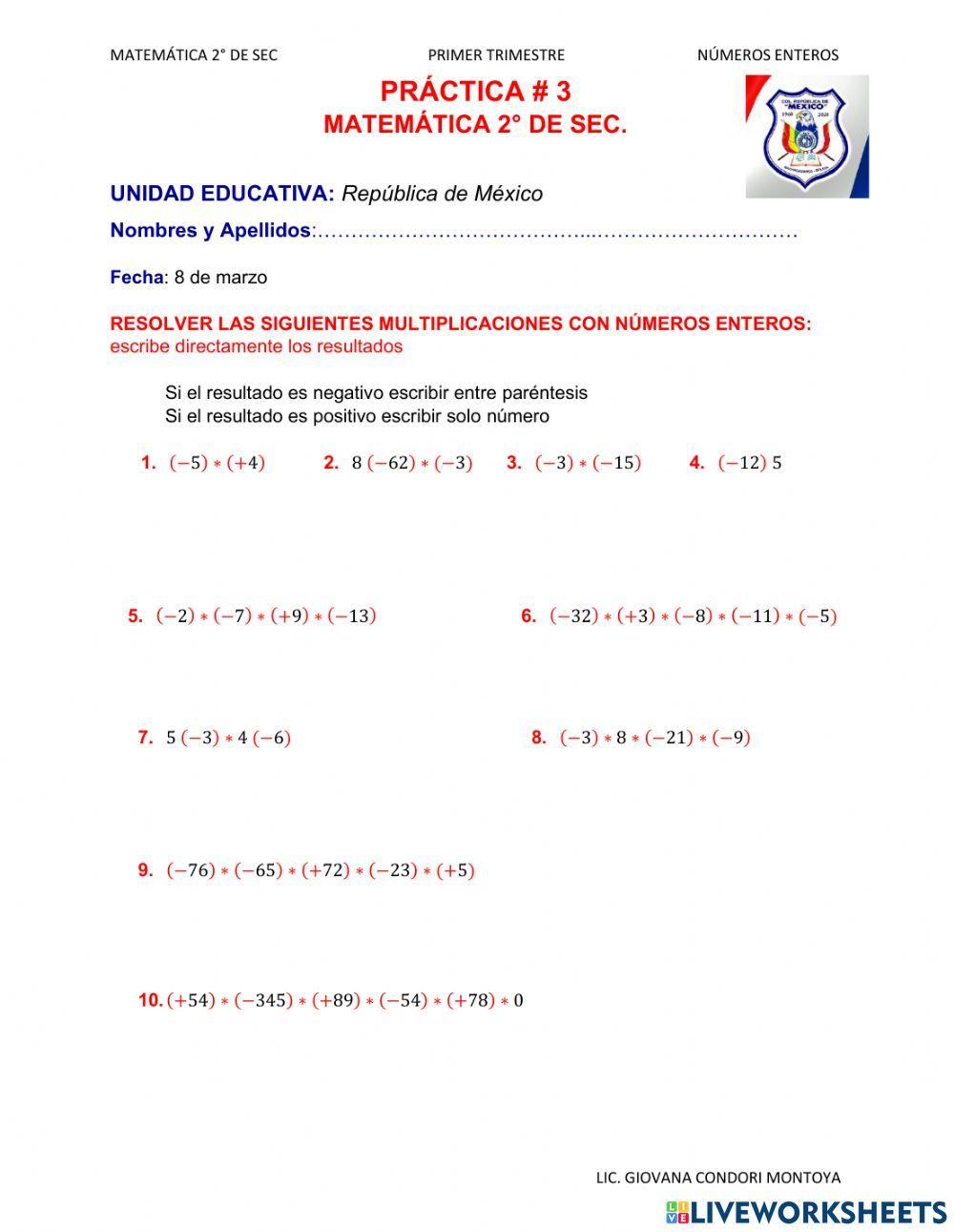 Multiplicación de Números enteros