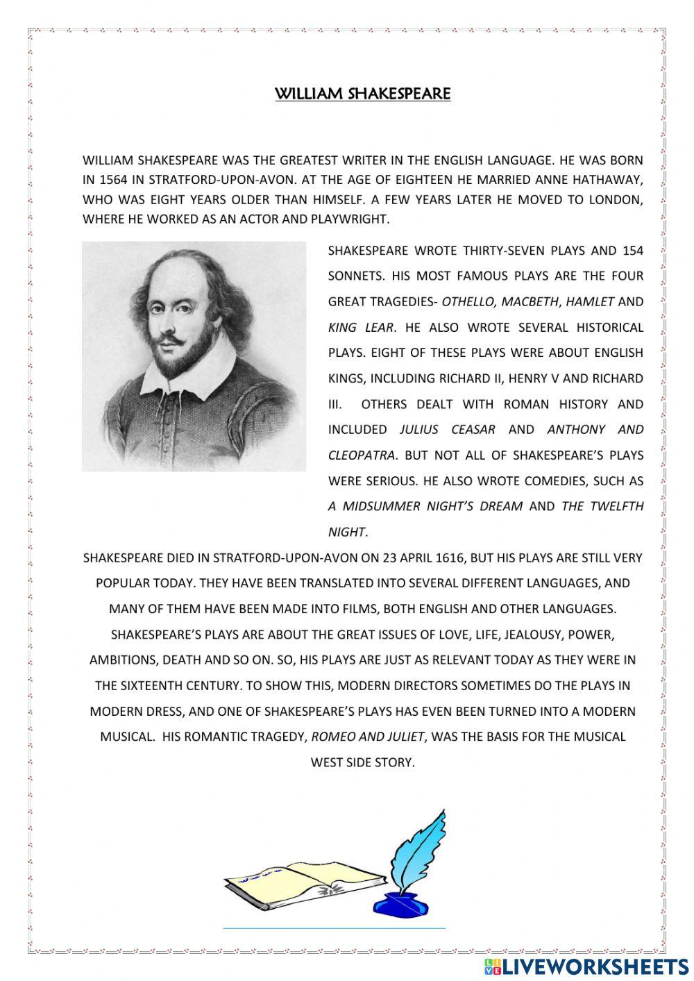 READING COMPREHENSION- W. SHAKESPEARE online exercise for | Live Worksheets