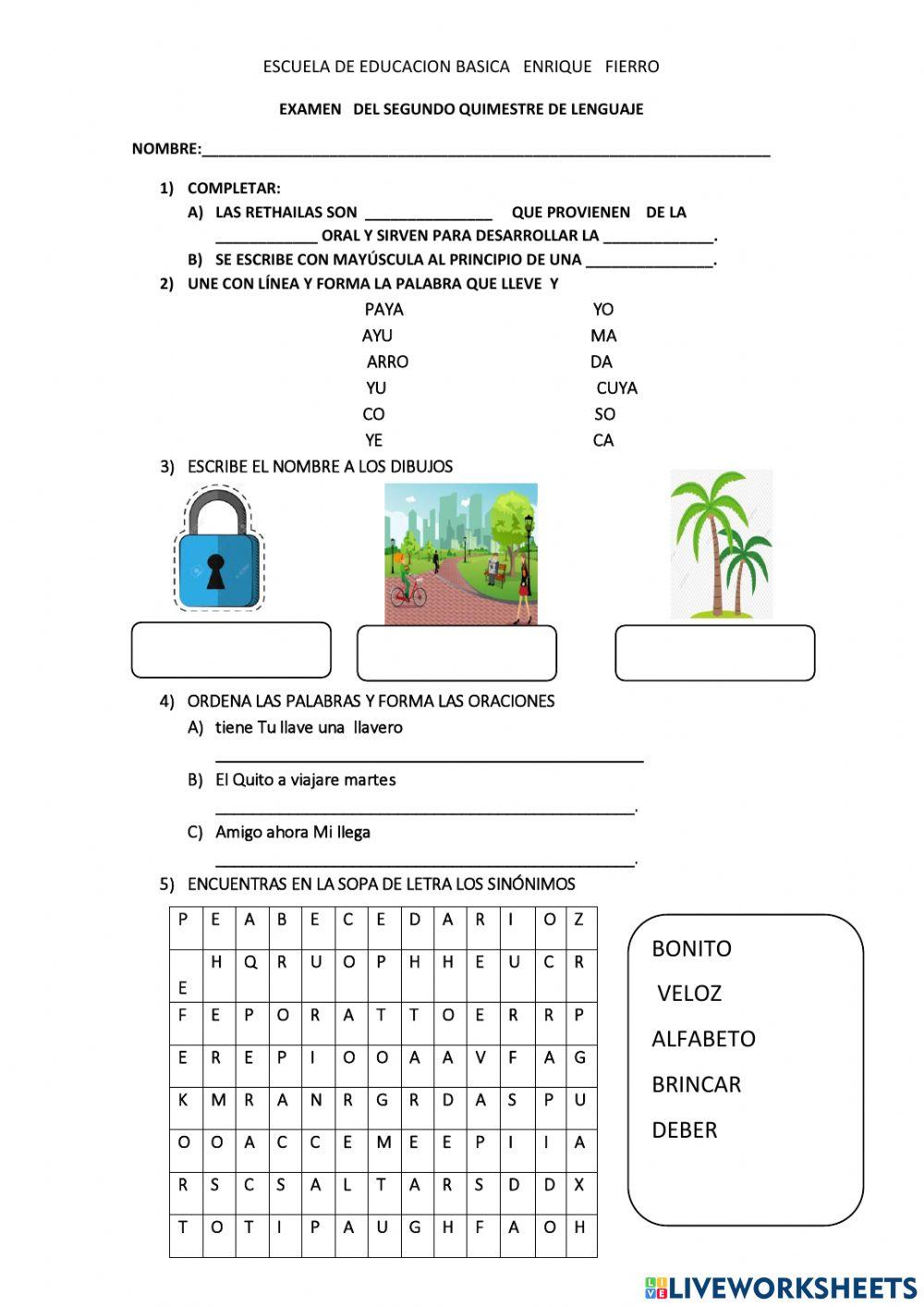 Examen del Segundo Quimestre Lenguaje