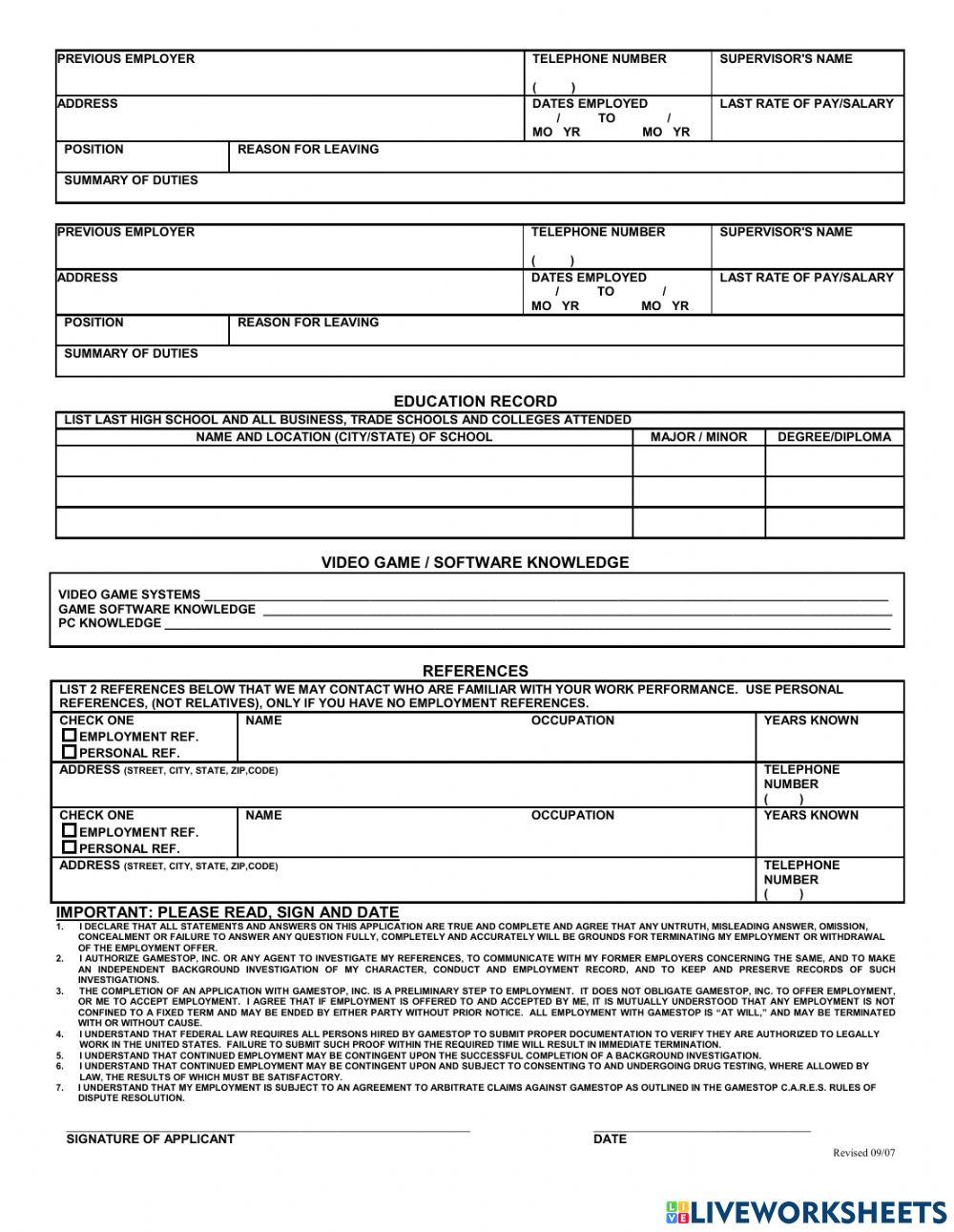 Game Stop Job Application