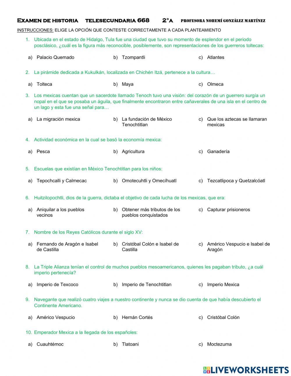 Examen de Historia 2° de Secundaria Segundo Periodo