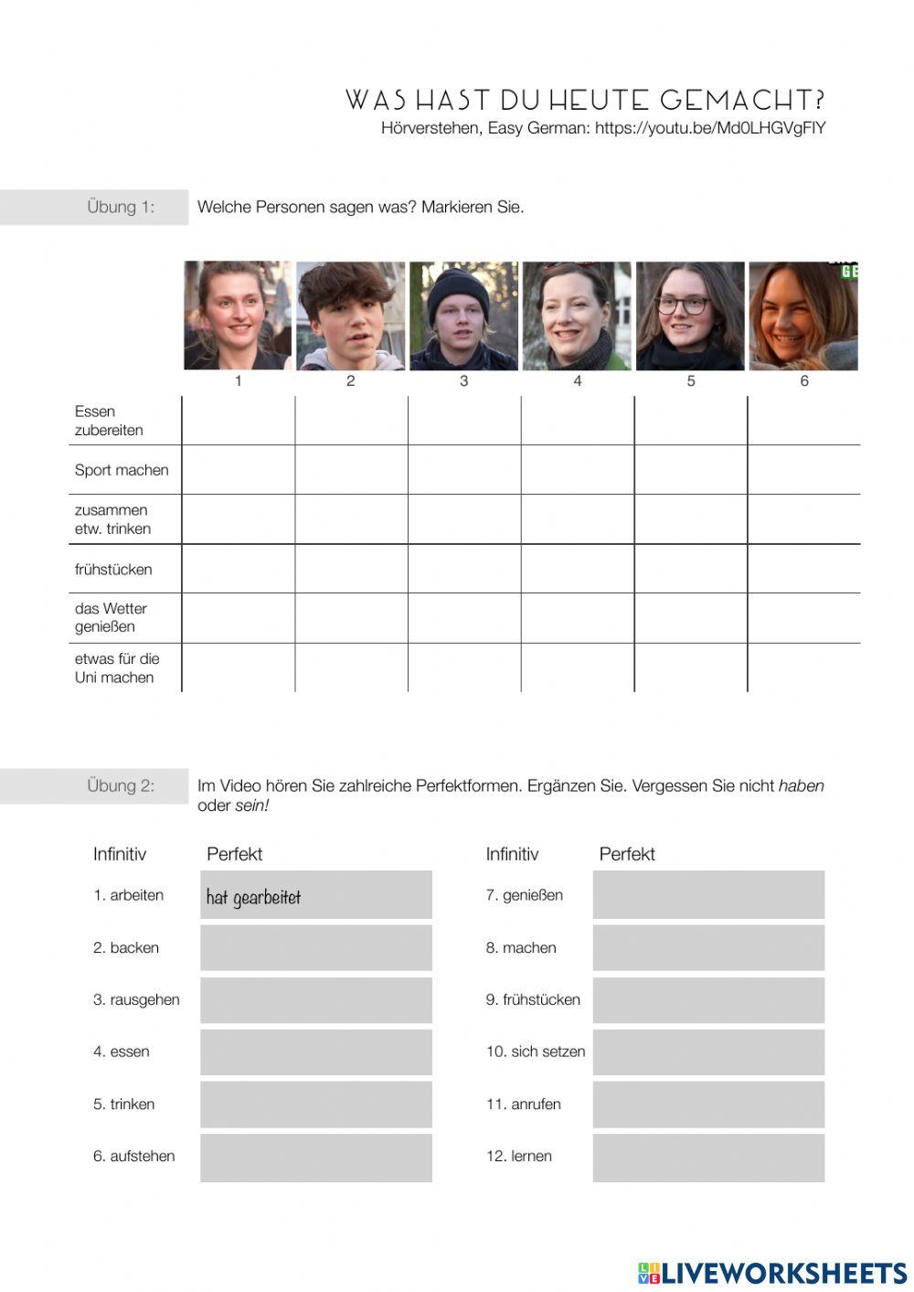 Was Hast Du Heute Gemacht Englisch Was hast du heute gemacht? online exercise for | Live Worksheets