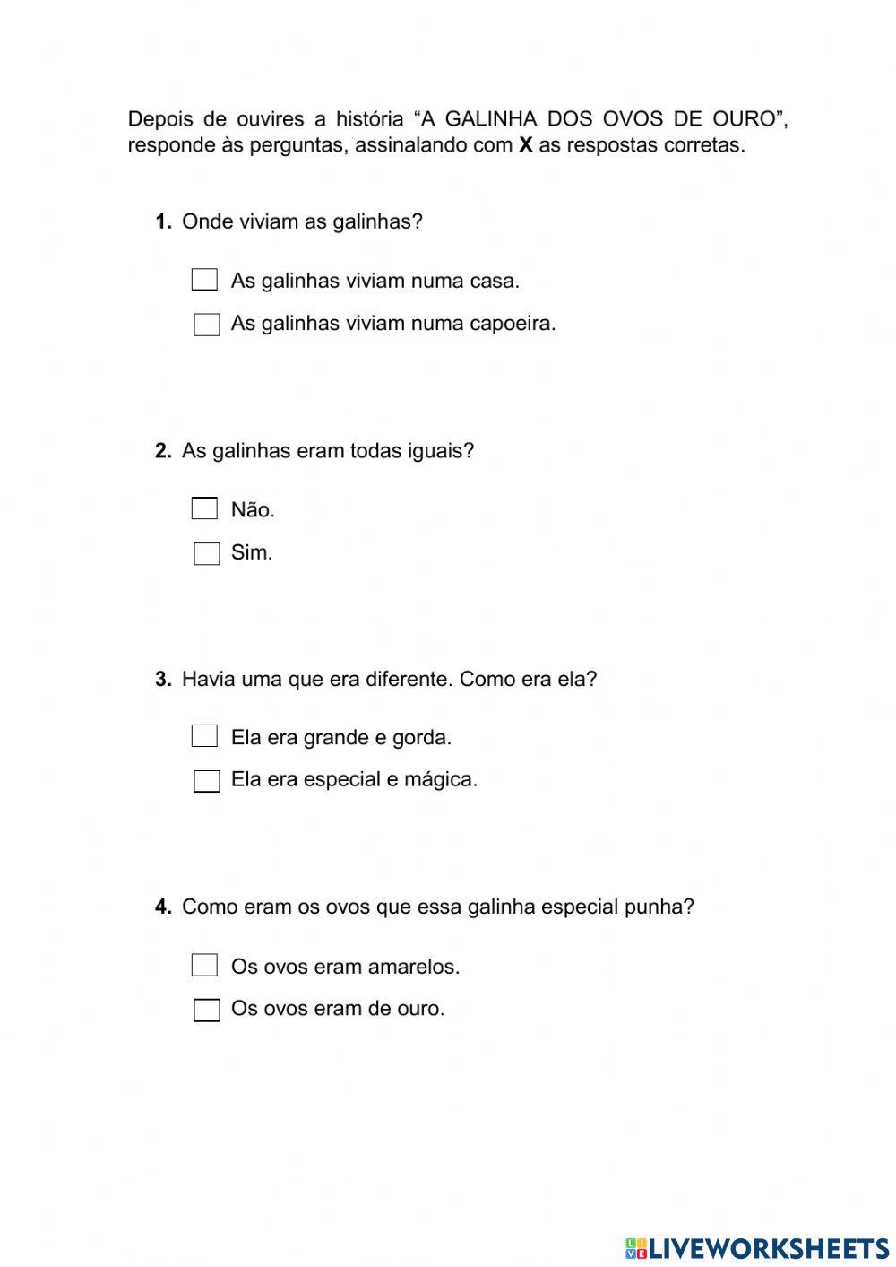 Questionário A GALINHA DOS OVOS DE OURO