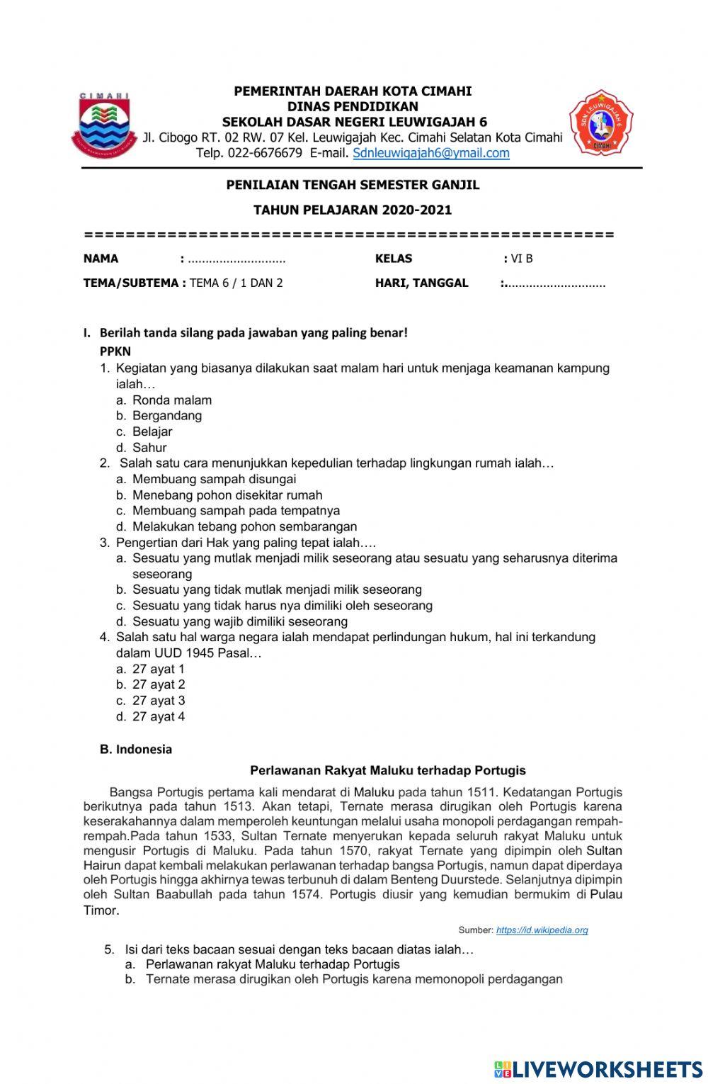 PTS Tema 6 Subtema 1 dan 2