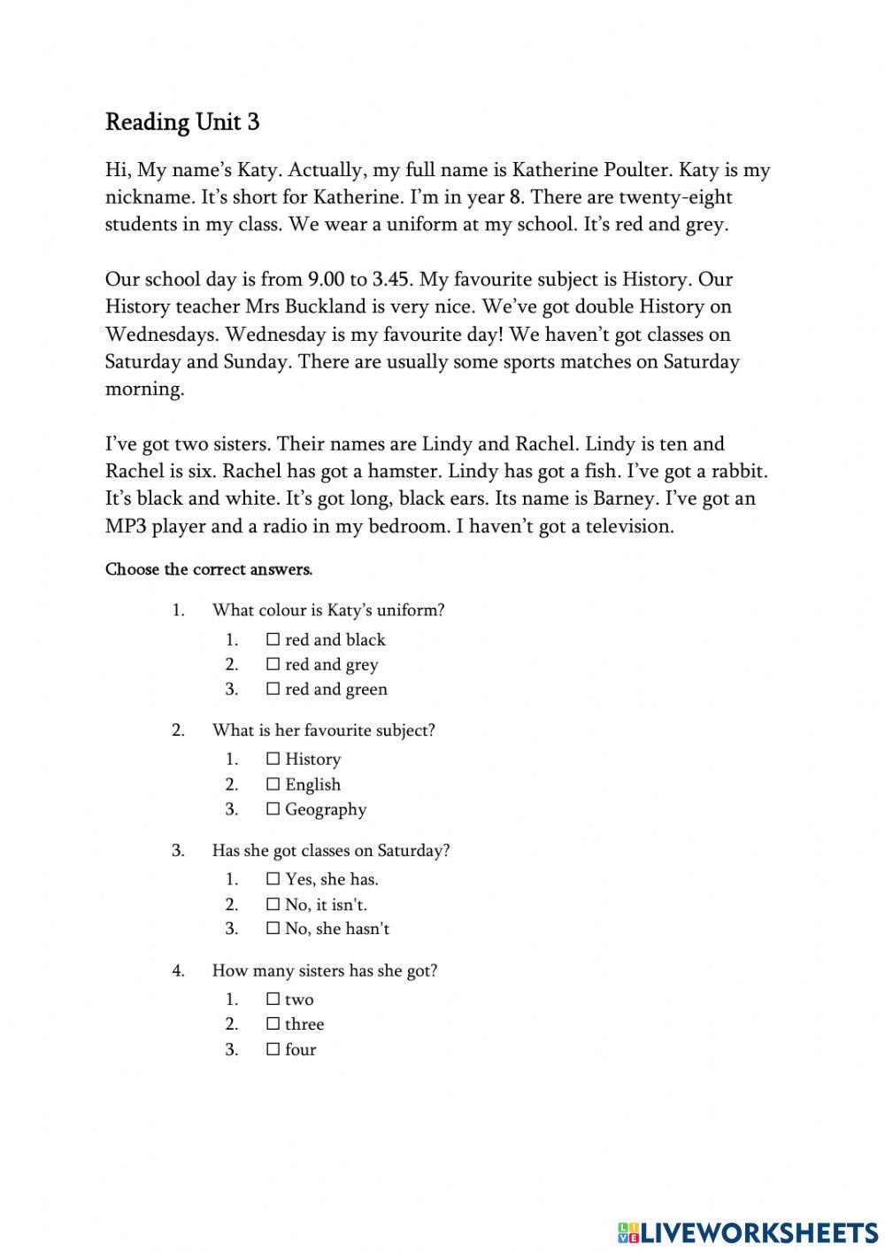 REading Project Unit 3 worksheet | Live Worksheets