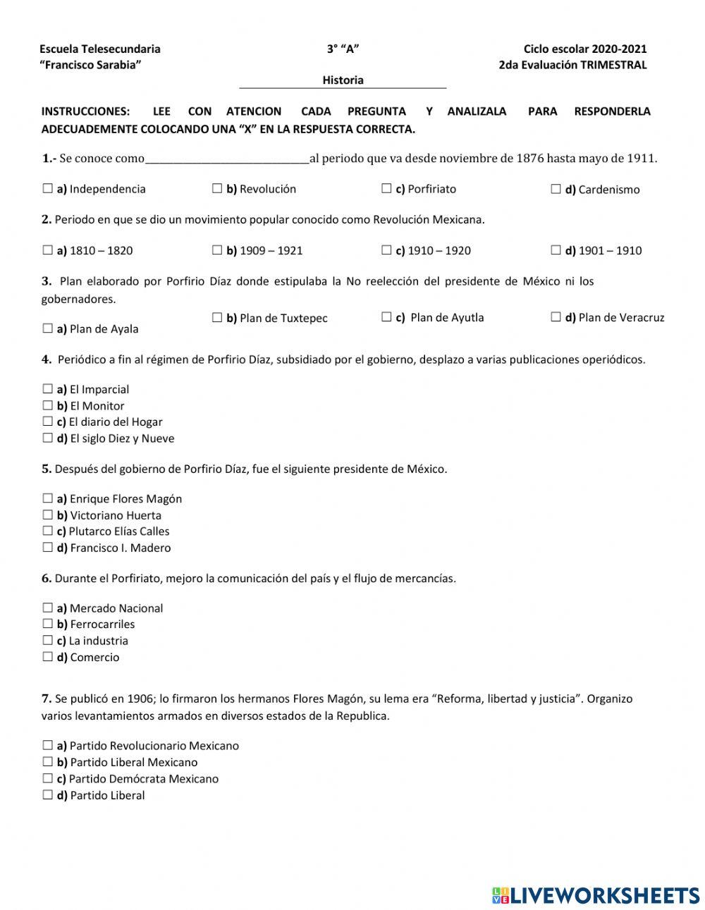 Evaluación segundo trimestre Historia