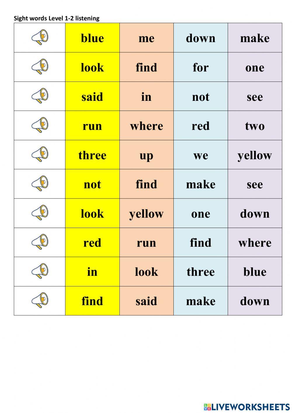 Sight words 1-2 listening