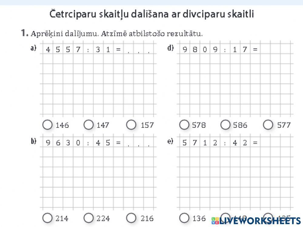 Četrciparu skaitļu dalīšana ar divciparu skaitli