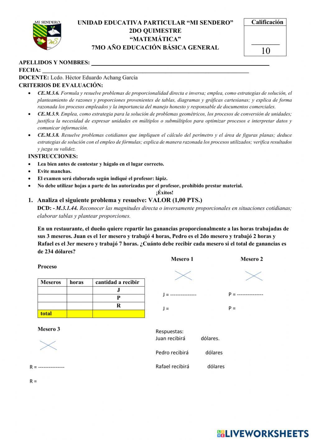 2do Examen Quimestral 7mo worksheet | Live Worksheets