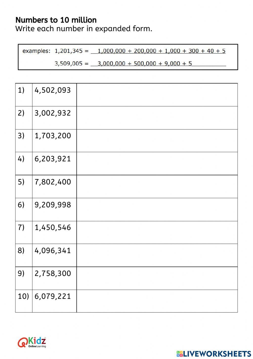 Expanded Form Numbers to 10 Million