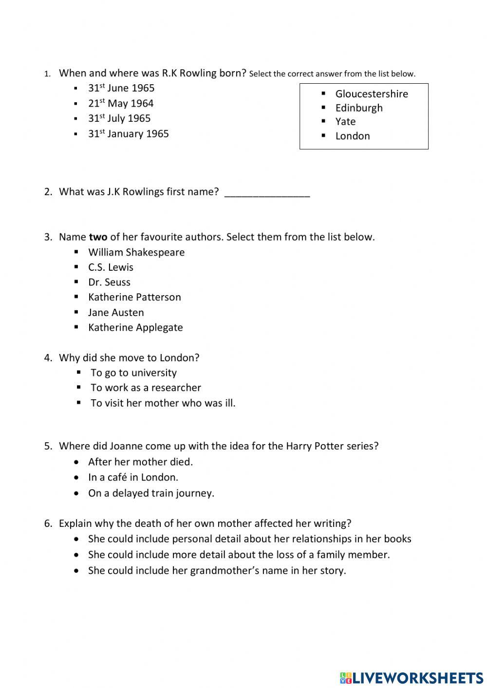 J.K. Rowling Comprehension