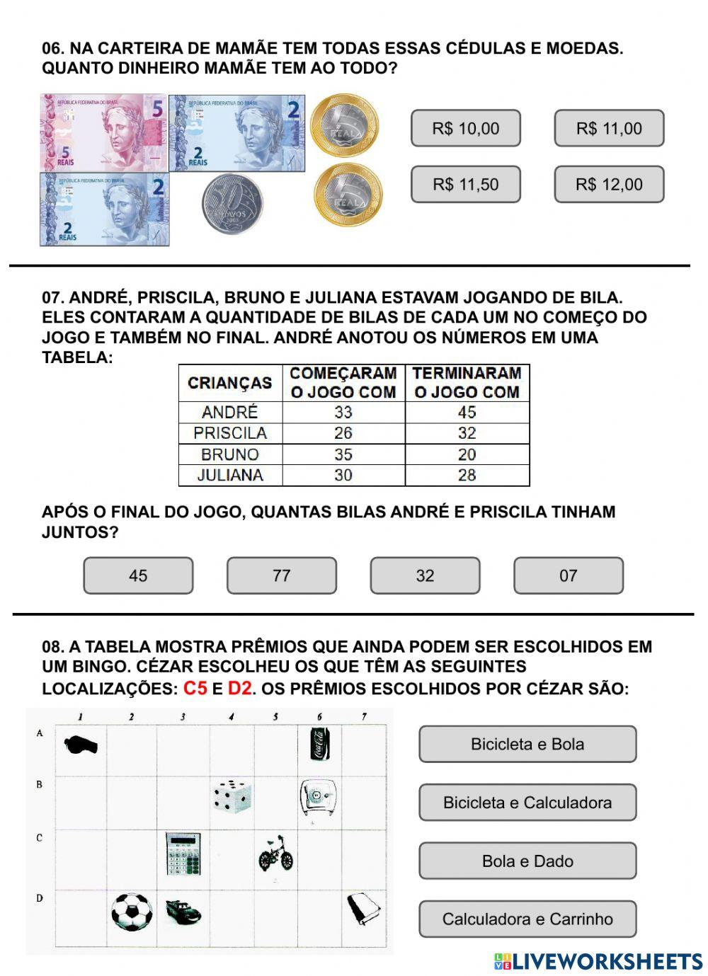 3º ANO MATEMÁTICA - Atividade Diagnóstica