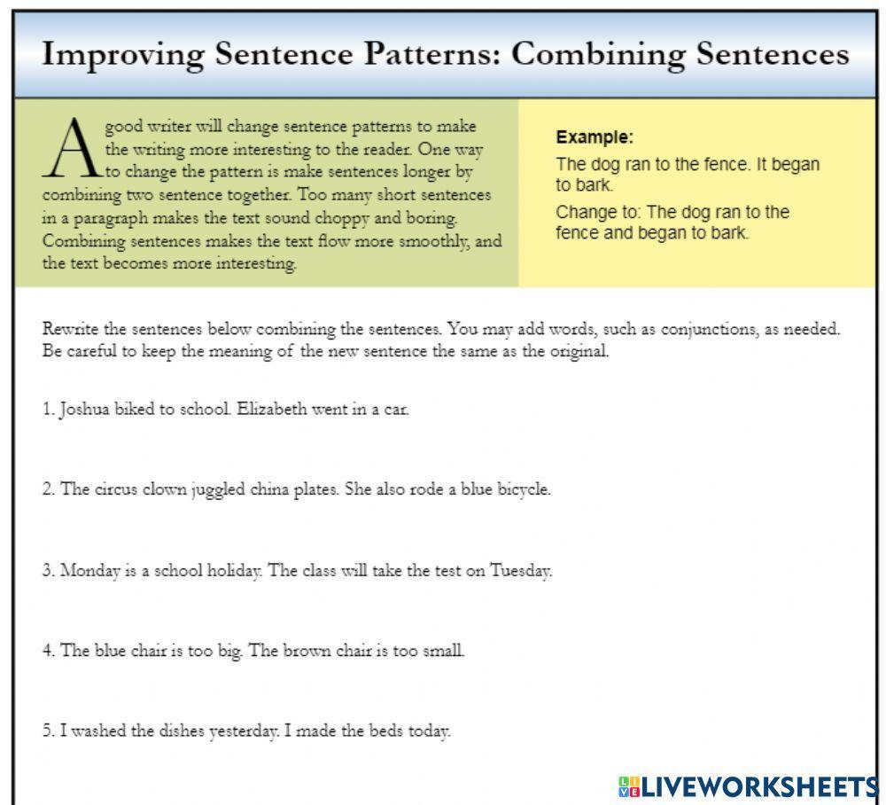 Combining Sentences interactive worksheet | Live Worksheets