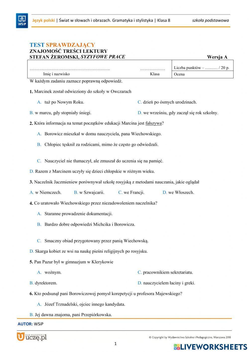 Syzyfowe Prace Test Nowa Era Test z lektury- Syzyfowe prace- online exercise for | Live Worksheets