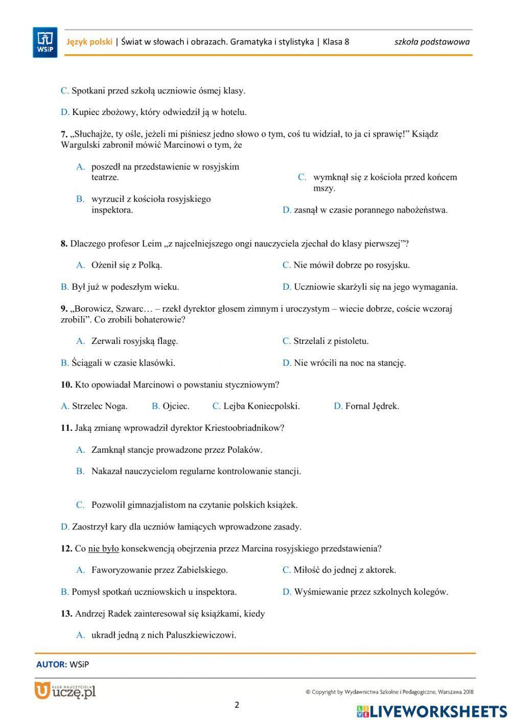 Syzyfowe Prace Test Nowa Era Test z lektury- Syzyfowe prace- online exercise for | Live Worksheets