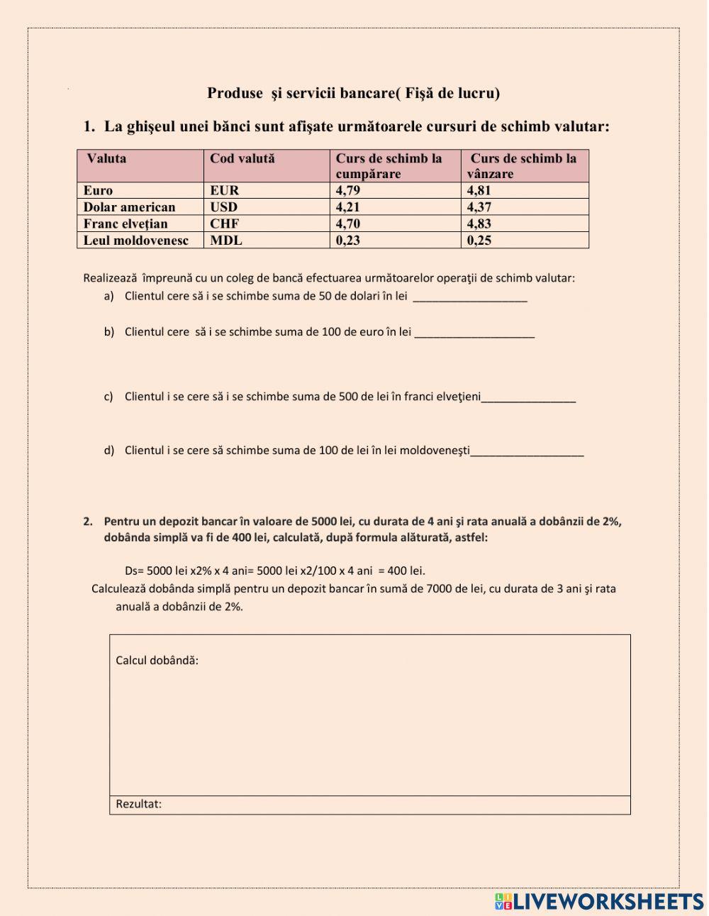 8. Produse  şi servicii bancare( Fişă de lucru)
