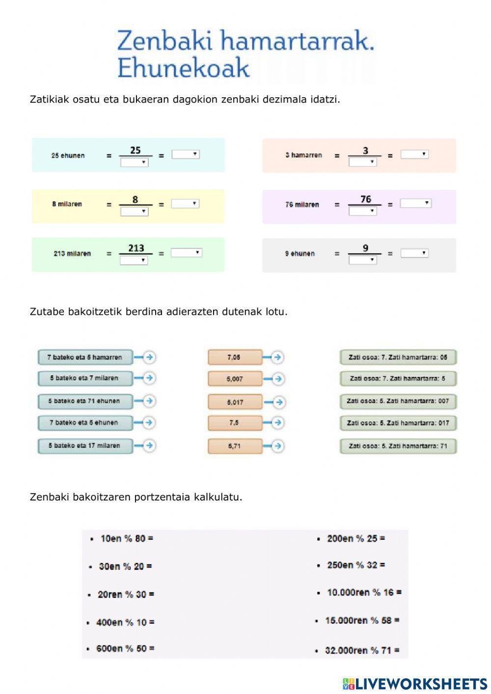 Zenbaki dezimalak  eta portzentaiak