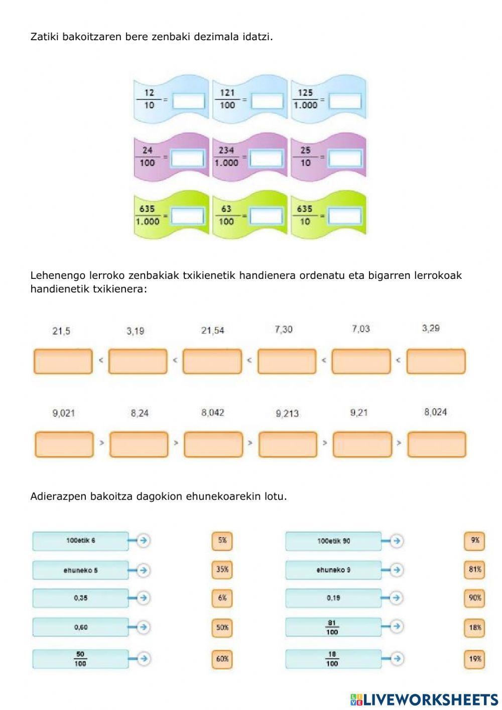 Zenbaki dezimalak  eta portzentaiak