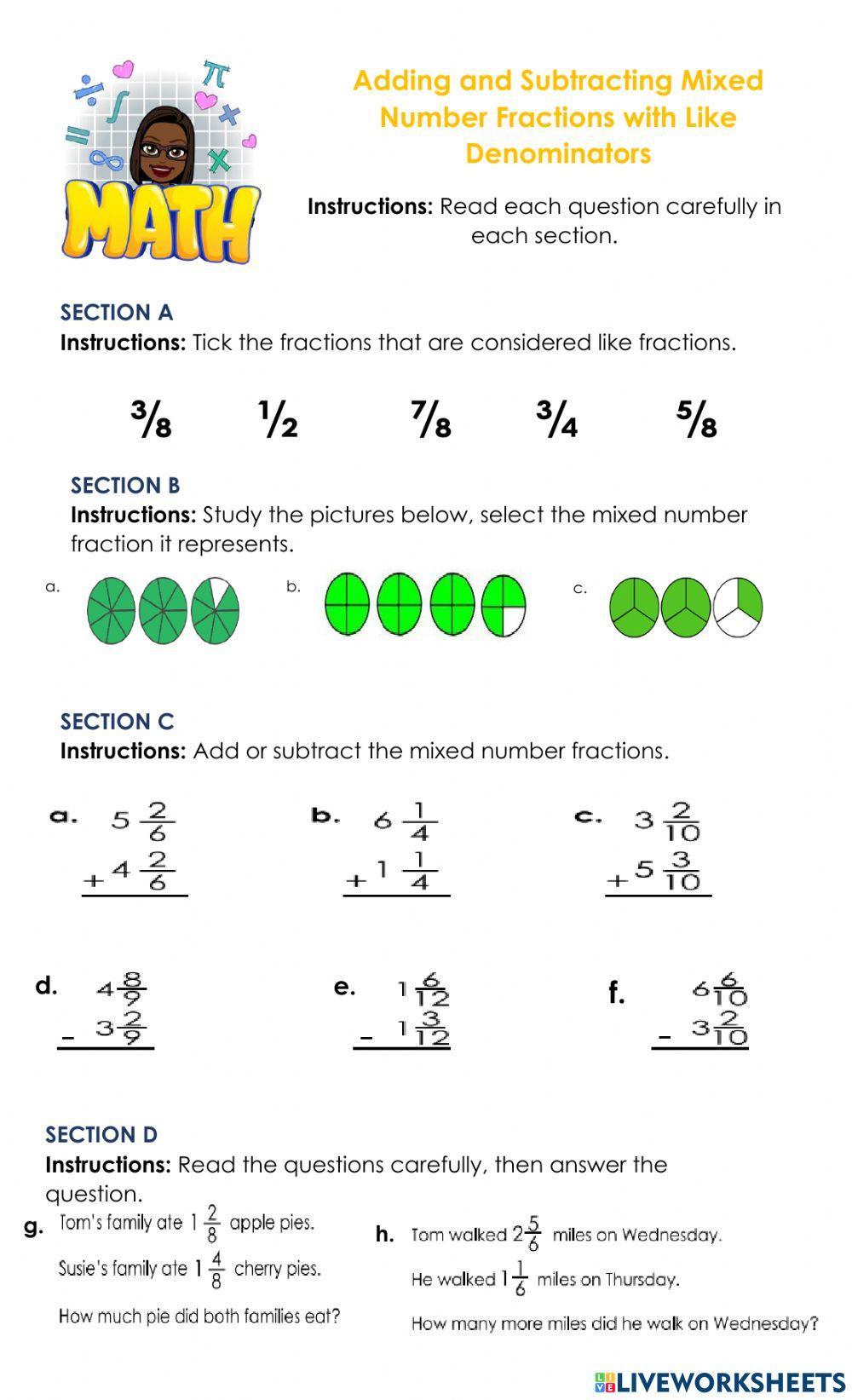 Adding and Subtracting Mixed Number Fractions with Like Denominators