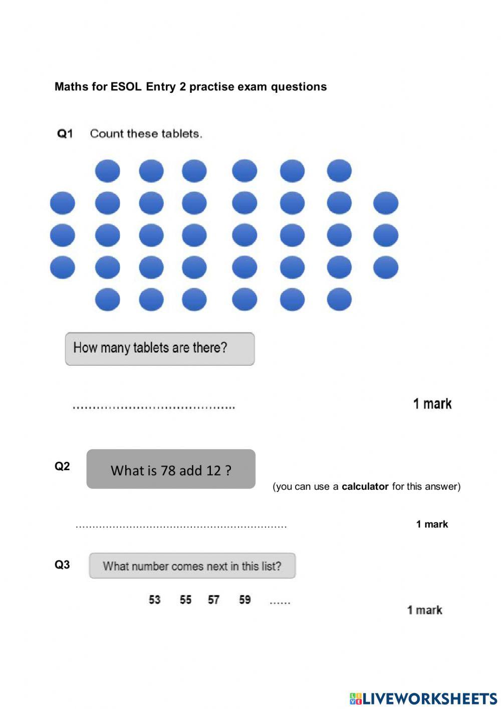 Maths E2 practise exam questions worksheet | Live Worksheets