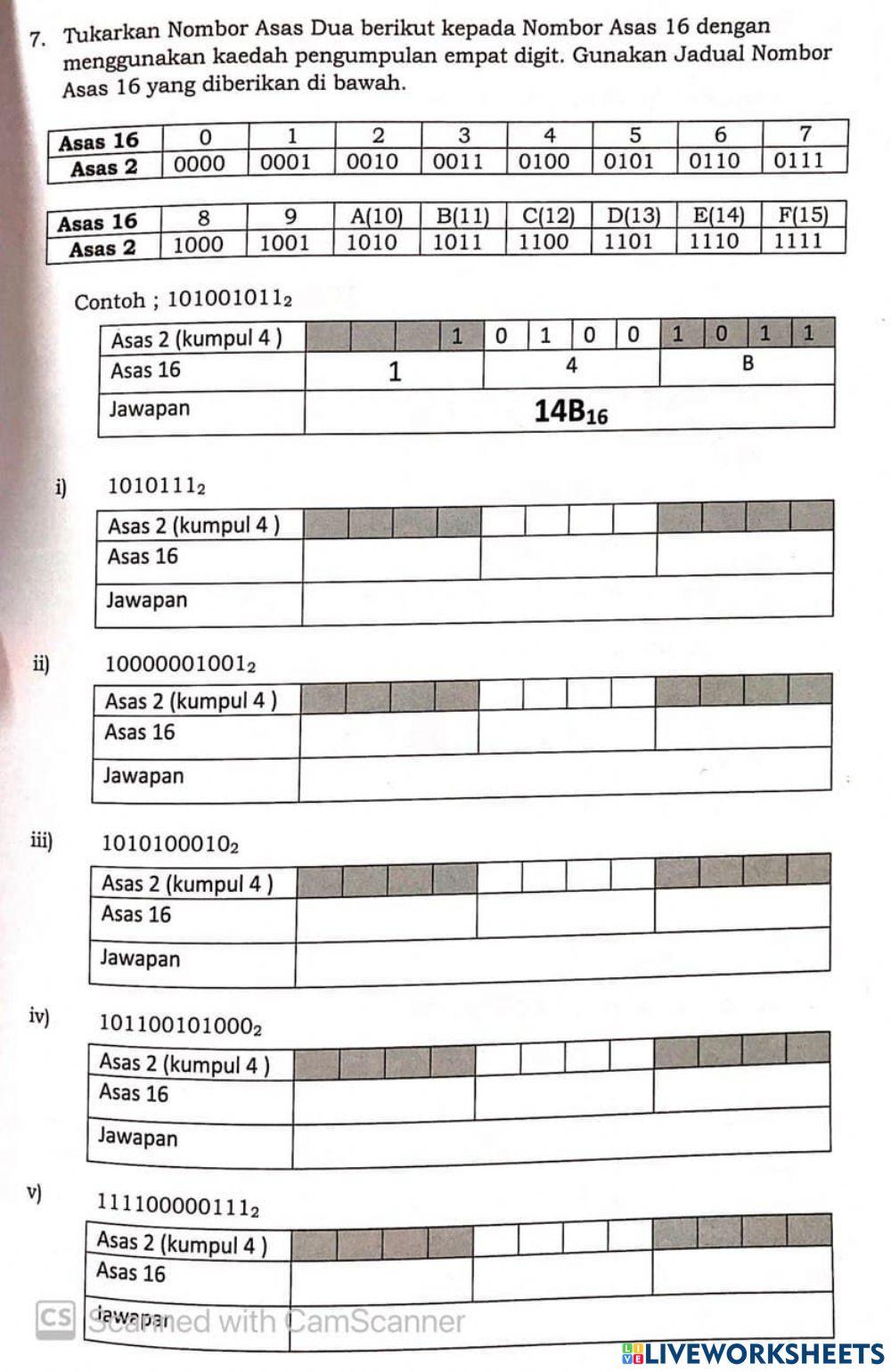 Penukaran nombor perduaan kepada nombor perenambelasan latihan 1