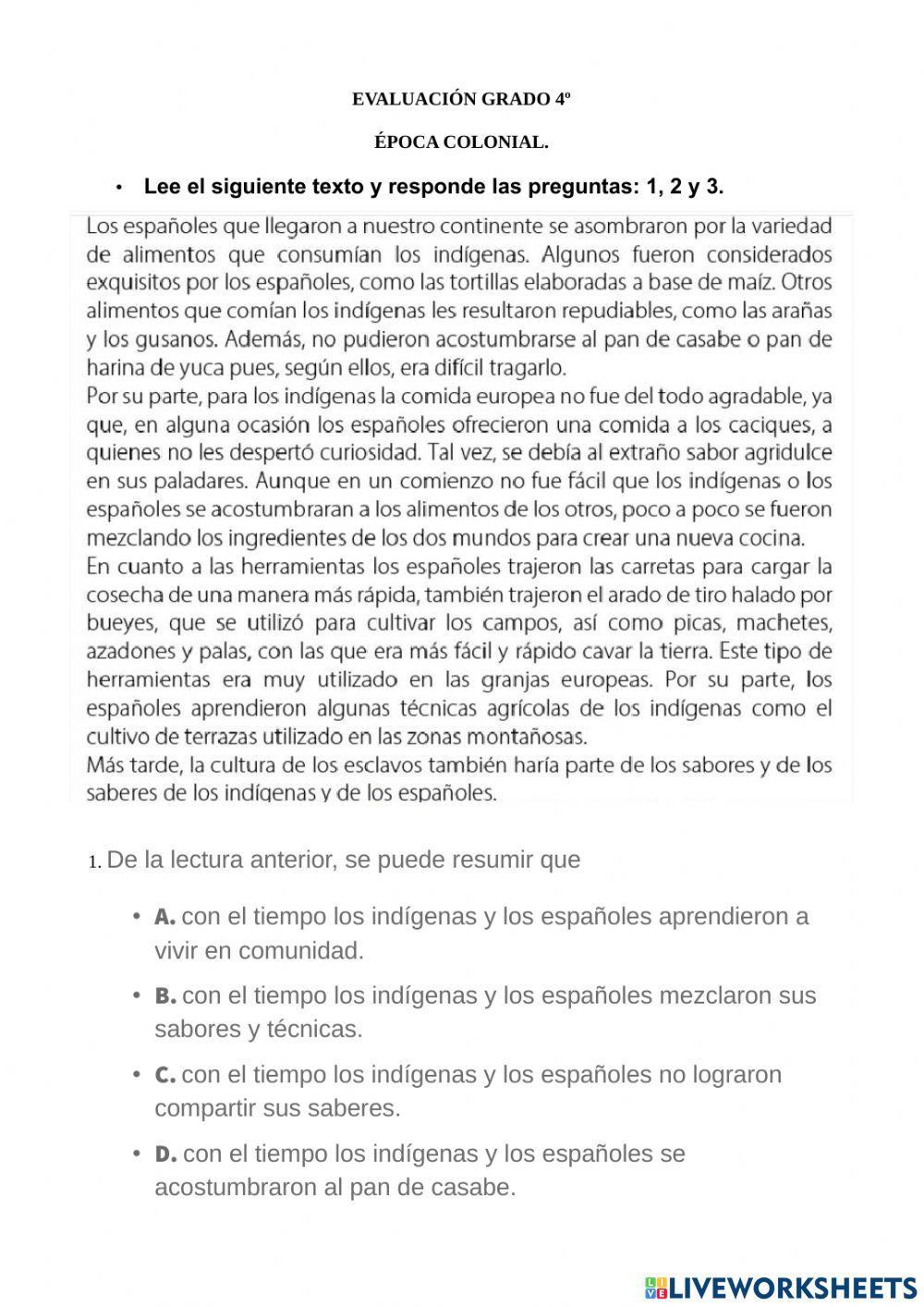 Evaluación- época colonial 4º