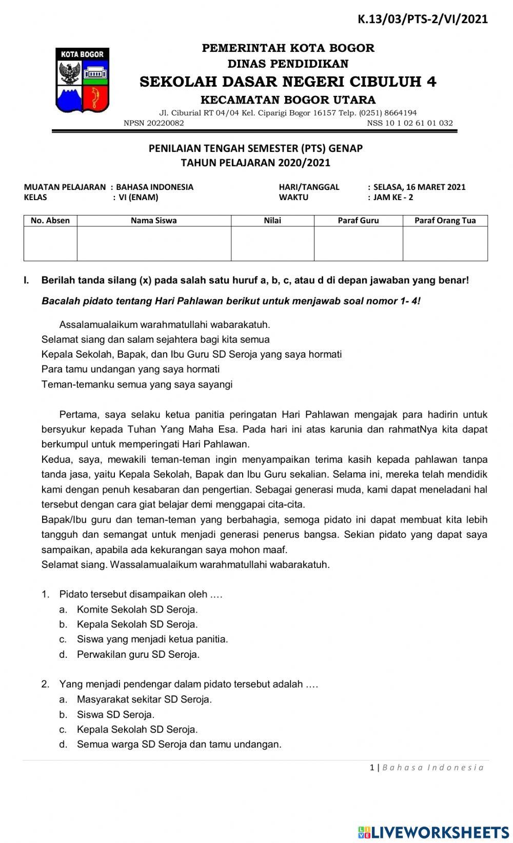 Soal PTS Genap Mupel  Bahasa Indonesia