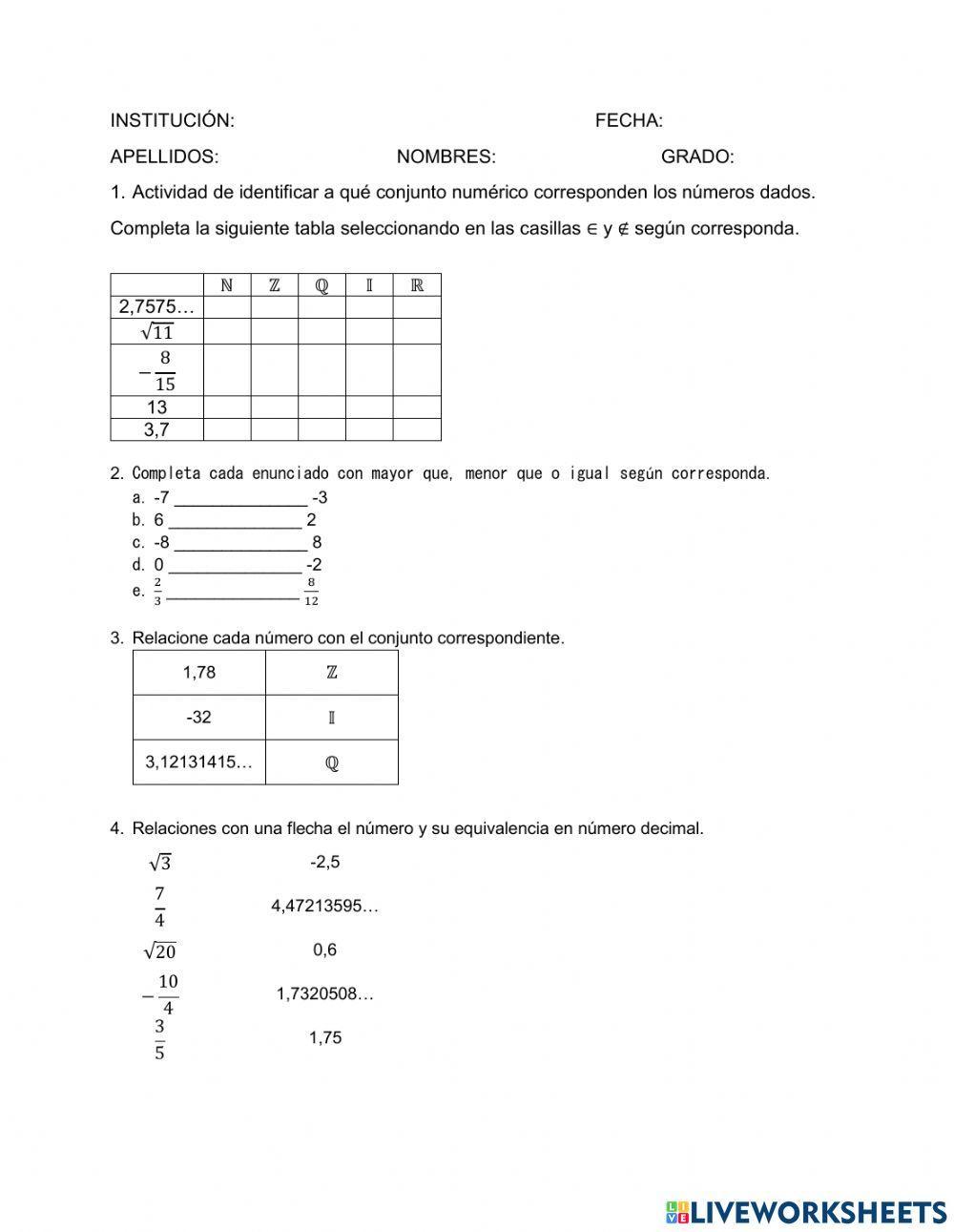 Identificación de números en sus conjuntos numéricos
