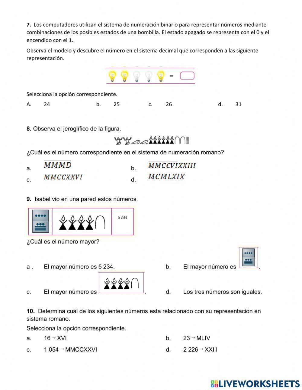 Quiz sobre sistema de numeracion (egipcio, romano y binario) y conjuntos