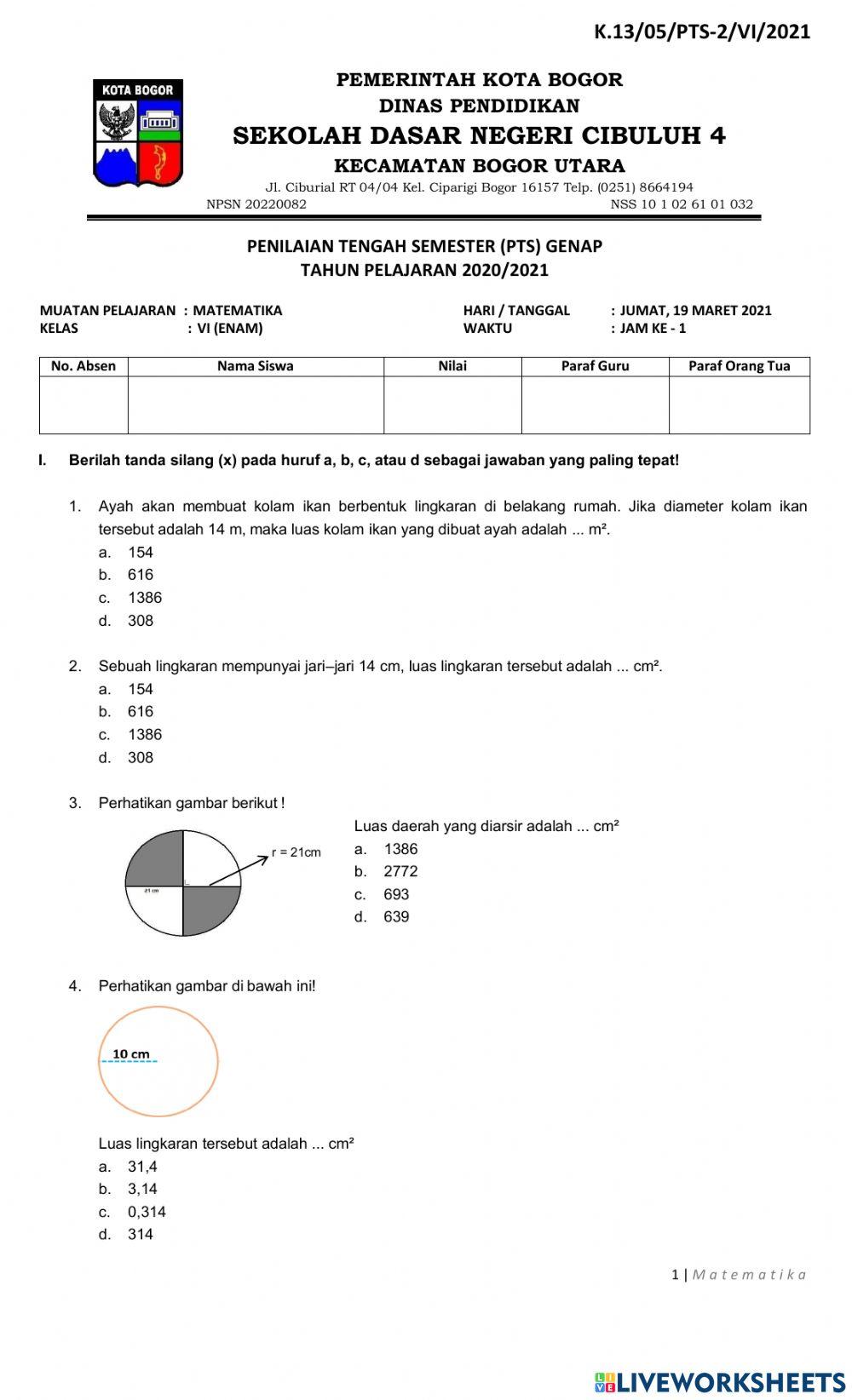 Soal PTS Genap Mupel  Matematika
