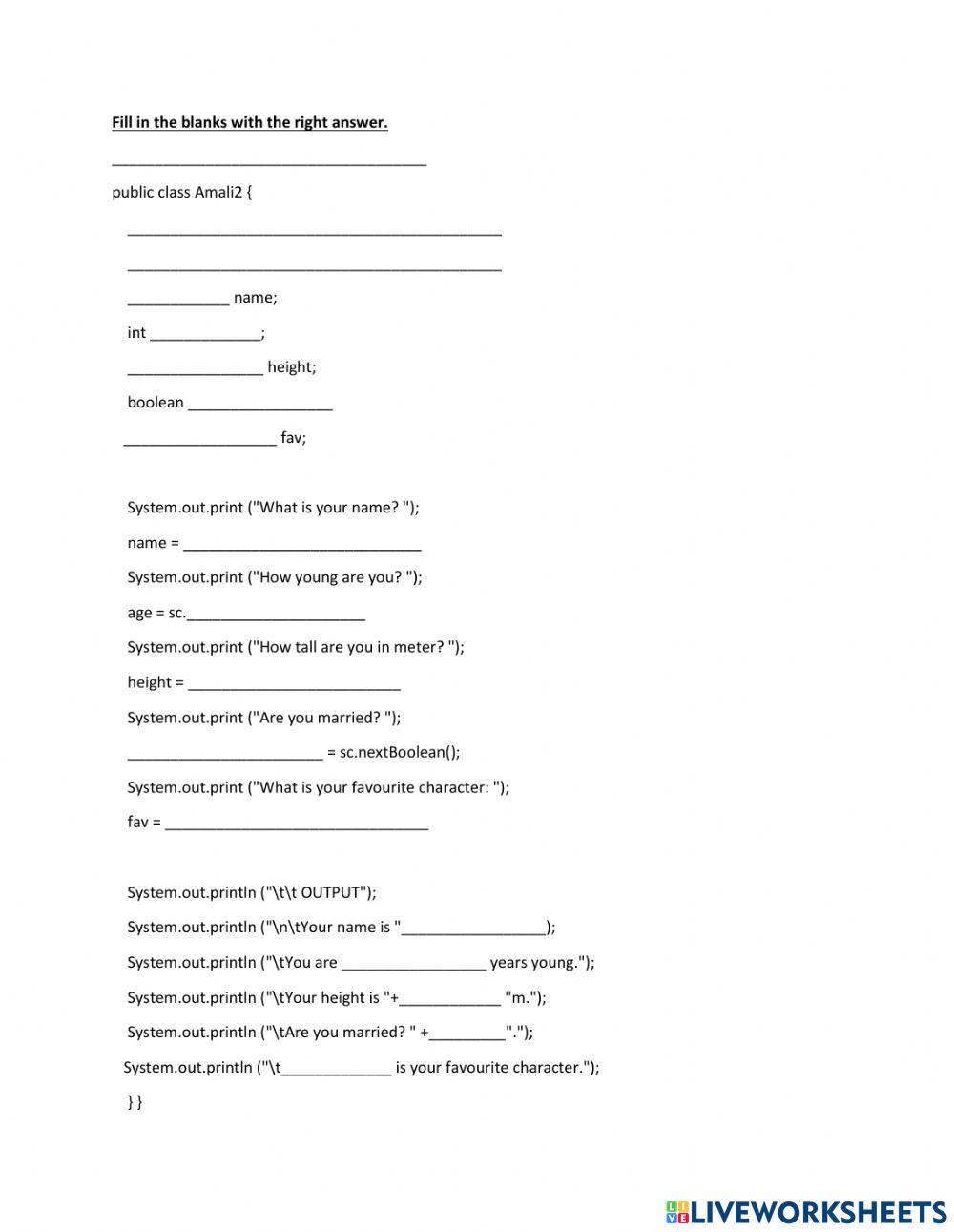 Java Programming interactive worksheet | Live Worksheets