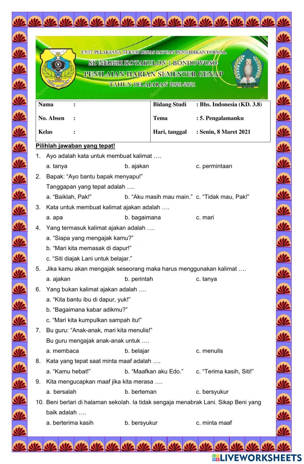 Ulangan Harian B.Indonesia Tema 5 (KD 3.8)