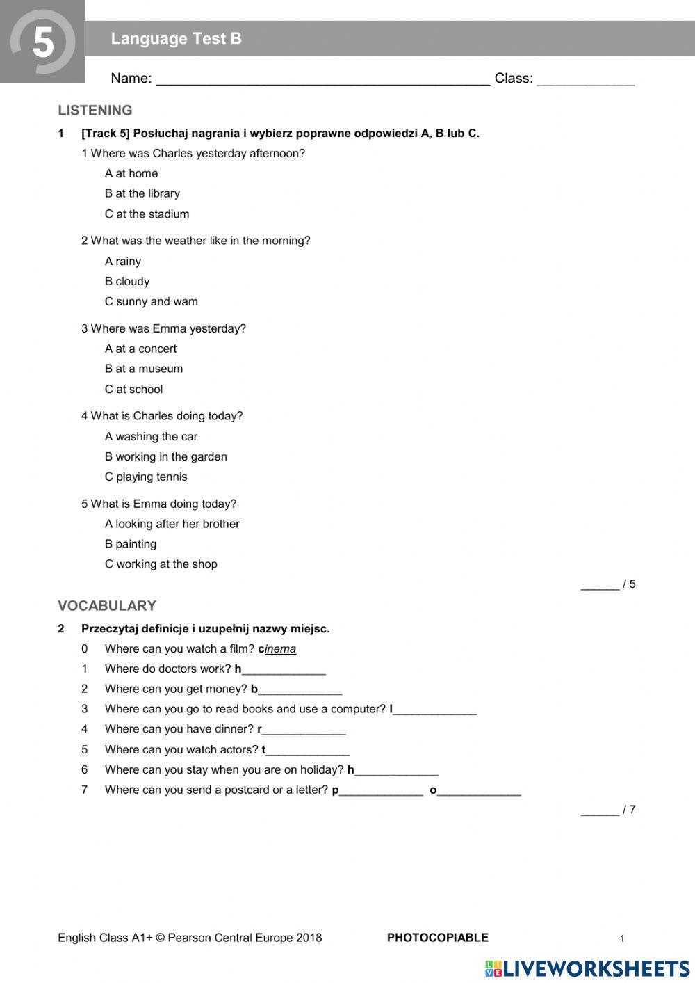 English Class A1+ Unit 5 4847735 | English Class A1+ Unit 5 Test | Maciej Stasiak