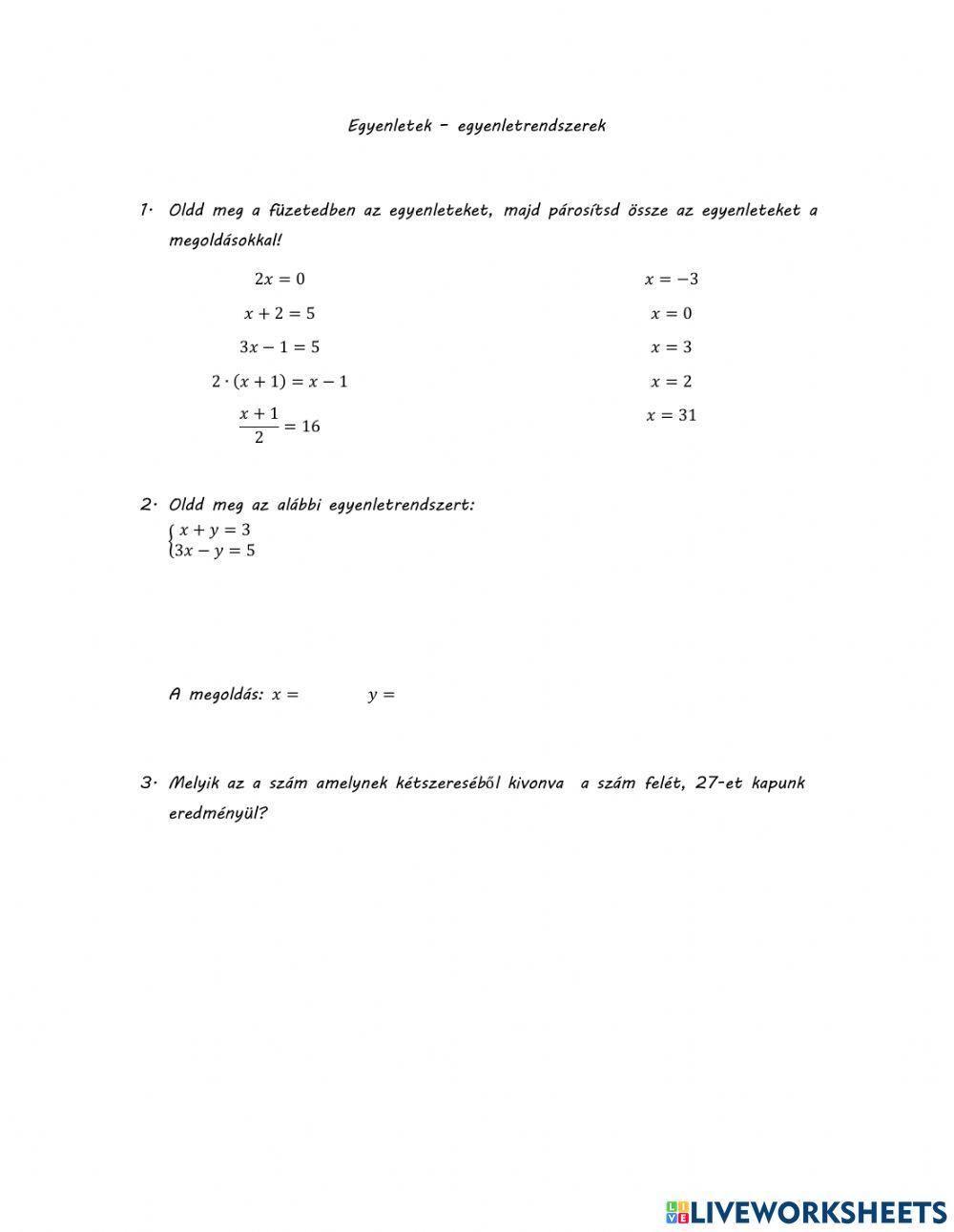 Egyenletek - egyenletrendszerek