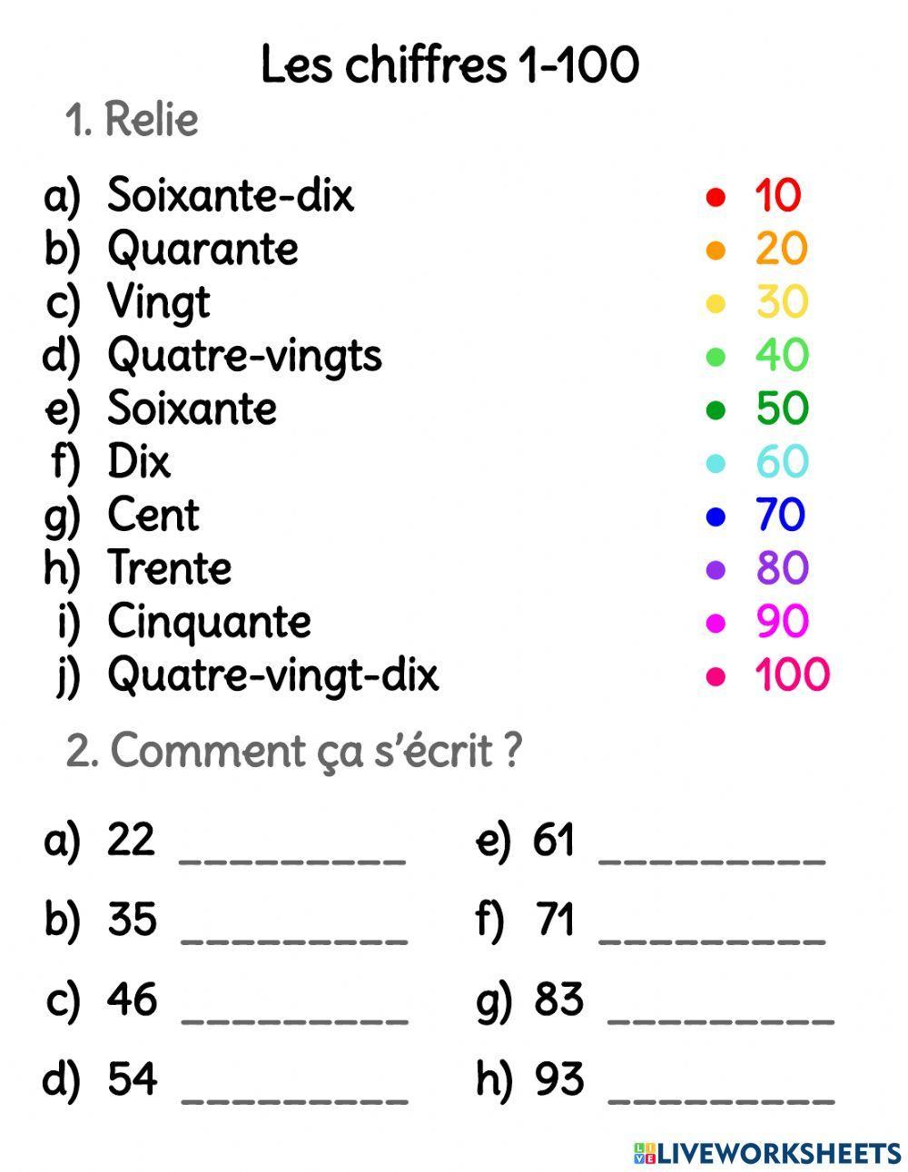 Les chiffres 10-100 FLE